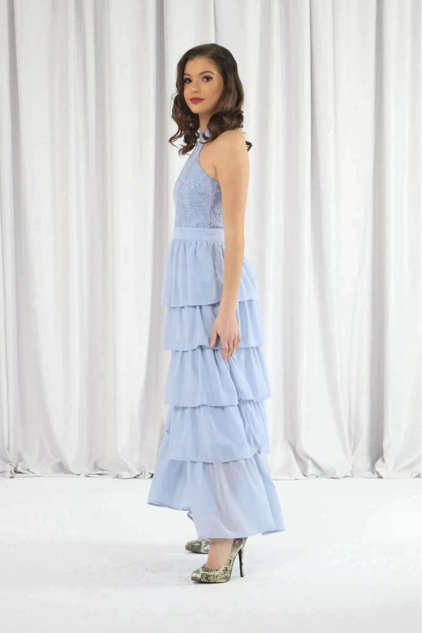 Double Second Light Blue Tiered Bridesmaid Dress