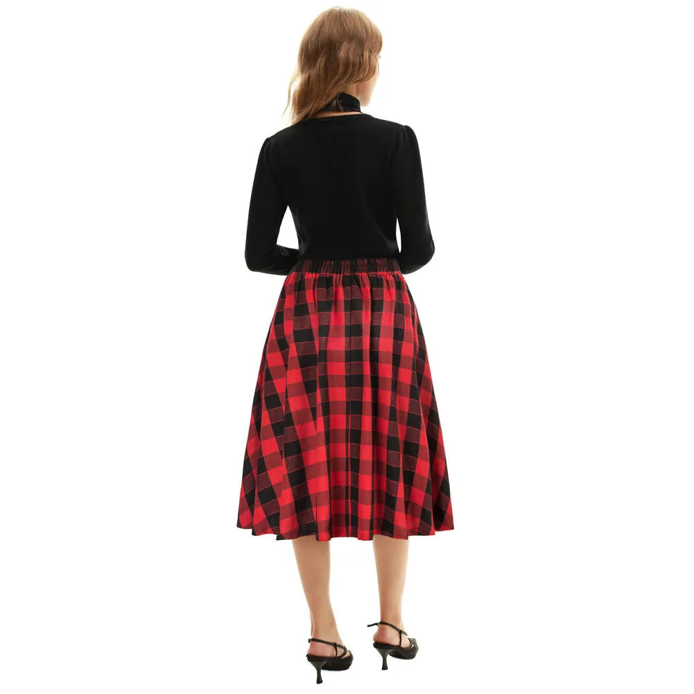 Elastic Waist Plaided Skirt High Waist Buttons Decorated Flared A-Line Skirt with Pockets