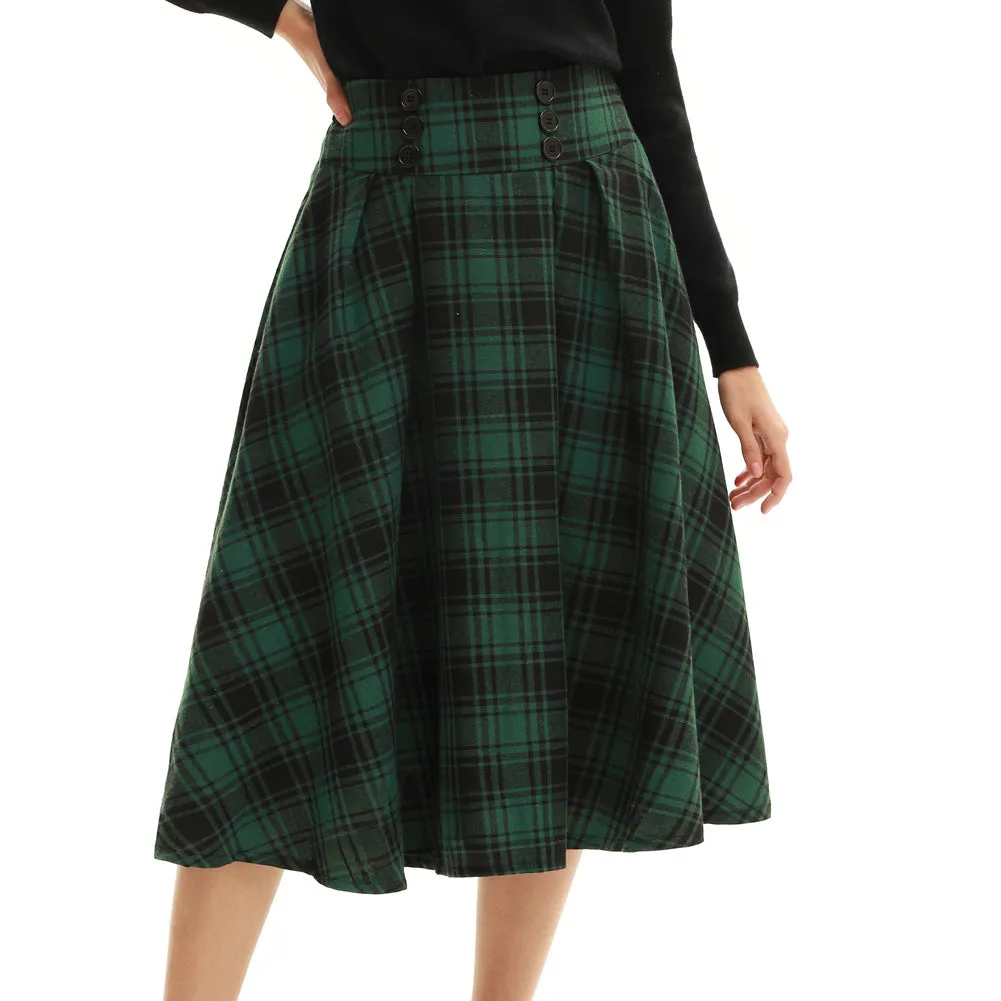 Elastic Waist Plaided Skirt High Waist Buttons Decorated Flared A-Line Skirt with Pockets