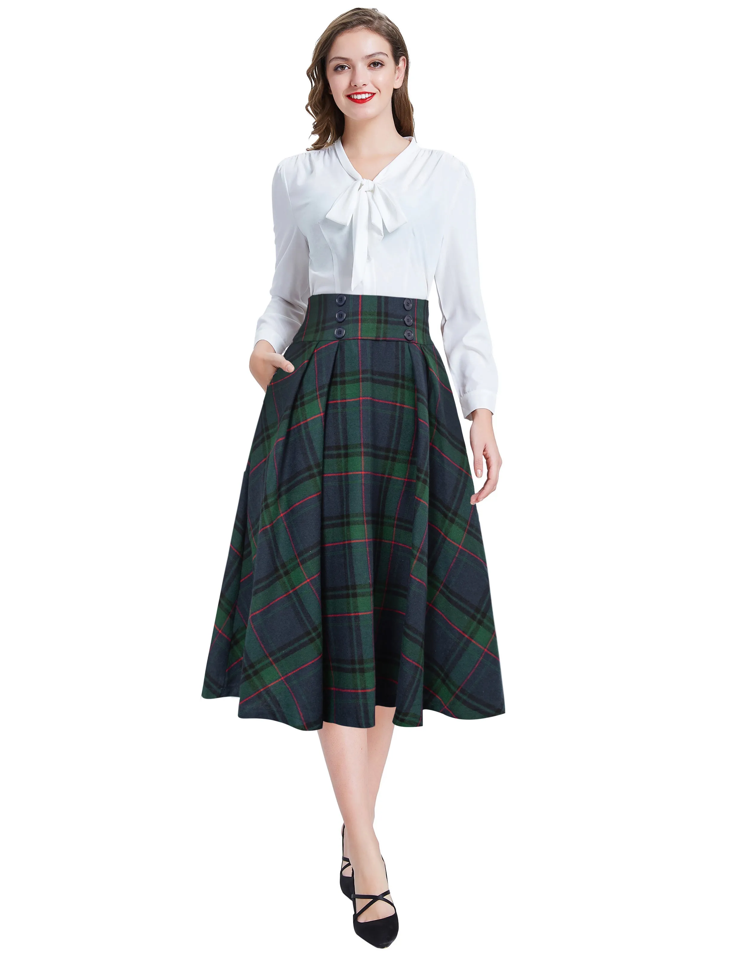 Elastic Waist Plaided Skirt High Waist Buttons Decorated Flared A-Line Skirt with Pockets