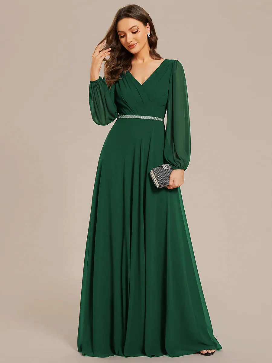 Elegant Waisted Chiffon V-neck Long Sleeve Bridesmaid Dress