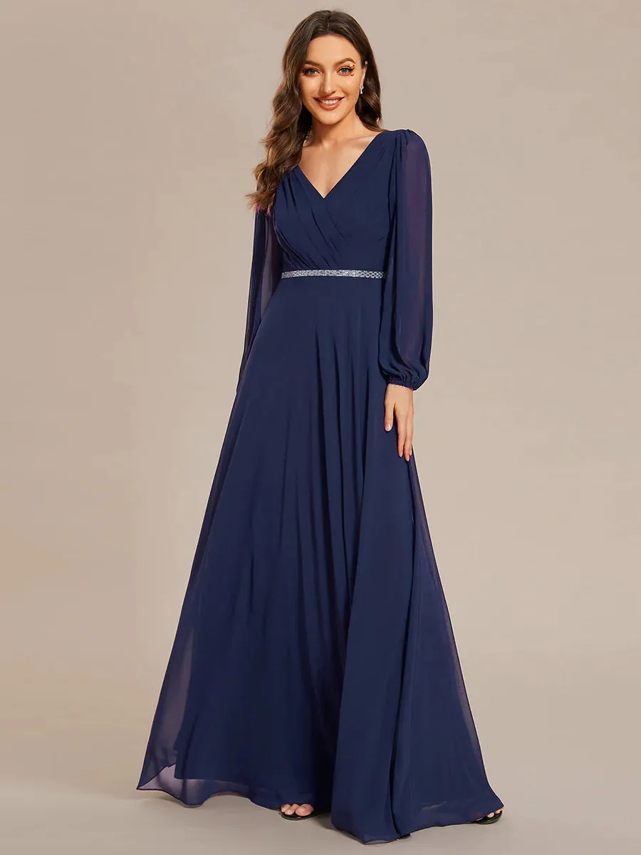 Elegant Waisted Chiffon V-neck Long Sleeve Bridesmaid Dress