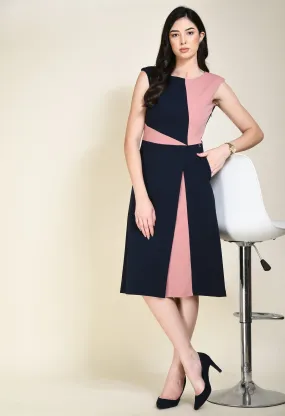 Exude Elegance Colour Blocked A-line Wrap Dress (Navy   Pink)