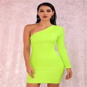 Fluorescent Green One Shoulder Elastic PU Mini Dress