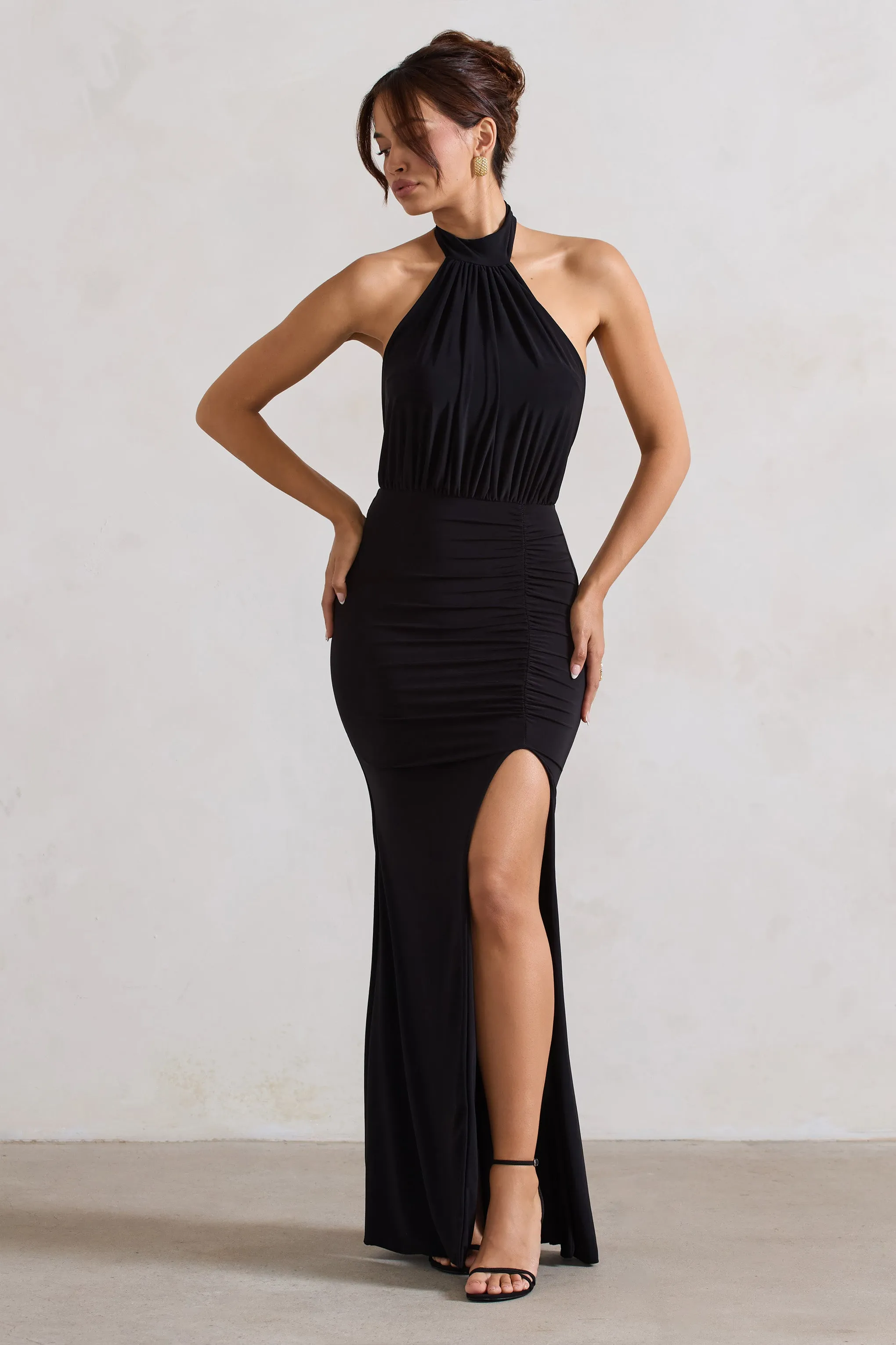 Forever Dreaming | Black Backless Halter Neck Ruched Split Maxi Dress