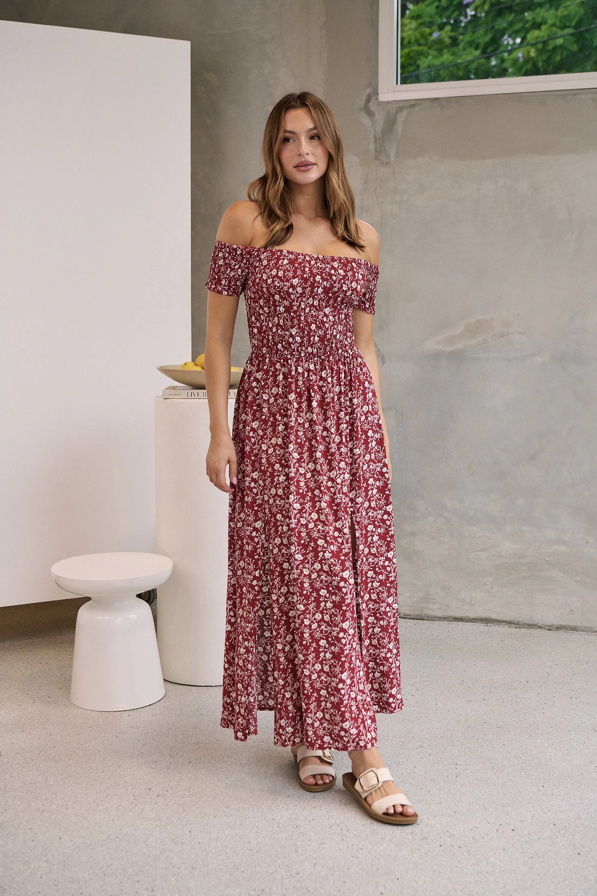 Gigi Off Shoulder Red Ditsy Print Shirred Maxi Dress