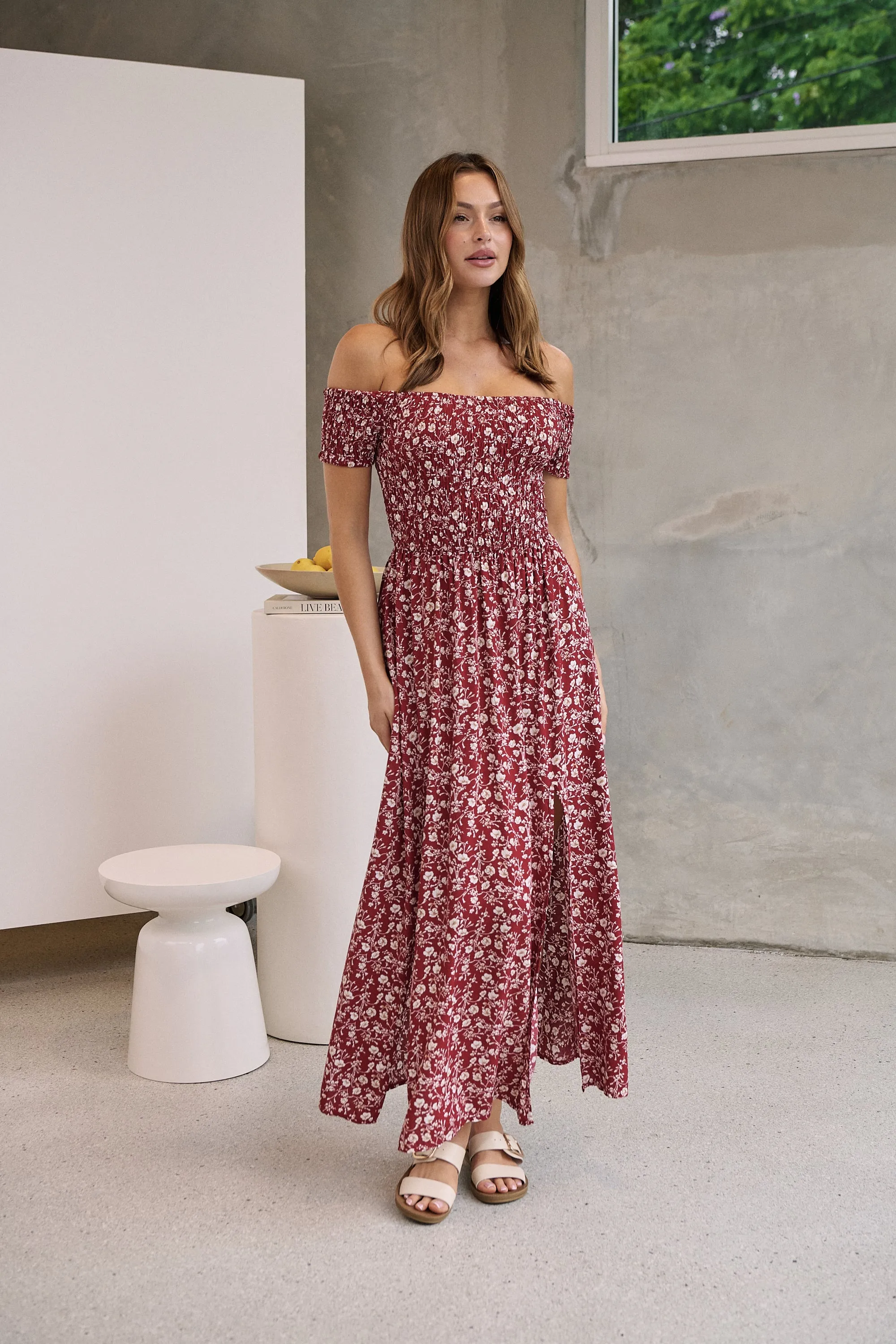 Gigi Off Shoulder Red Ditsy Print Shirred Maxi Dress