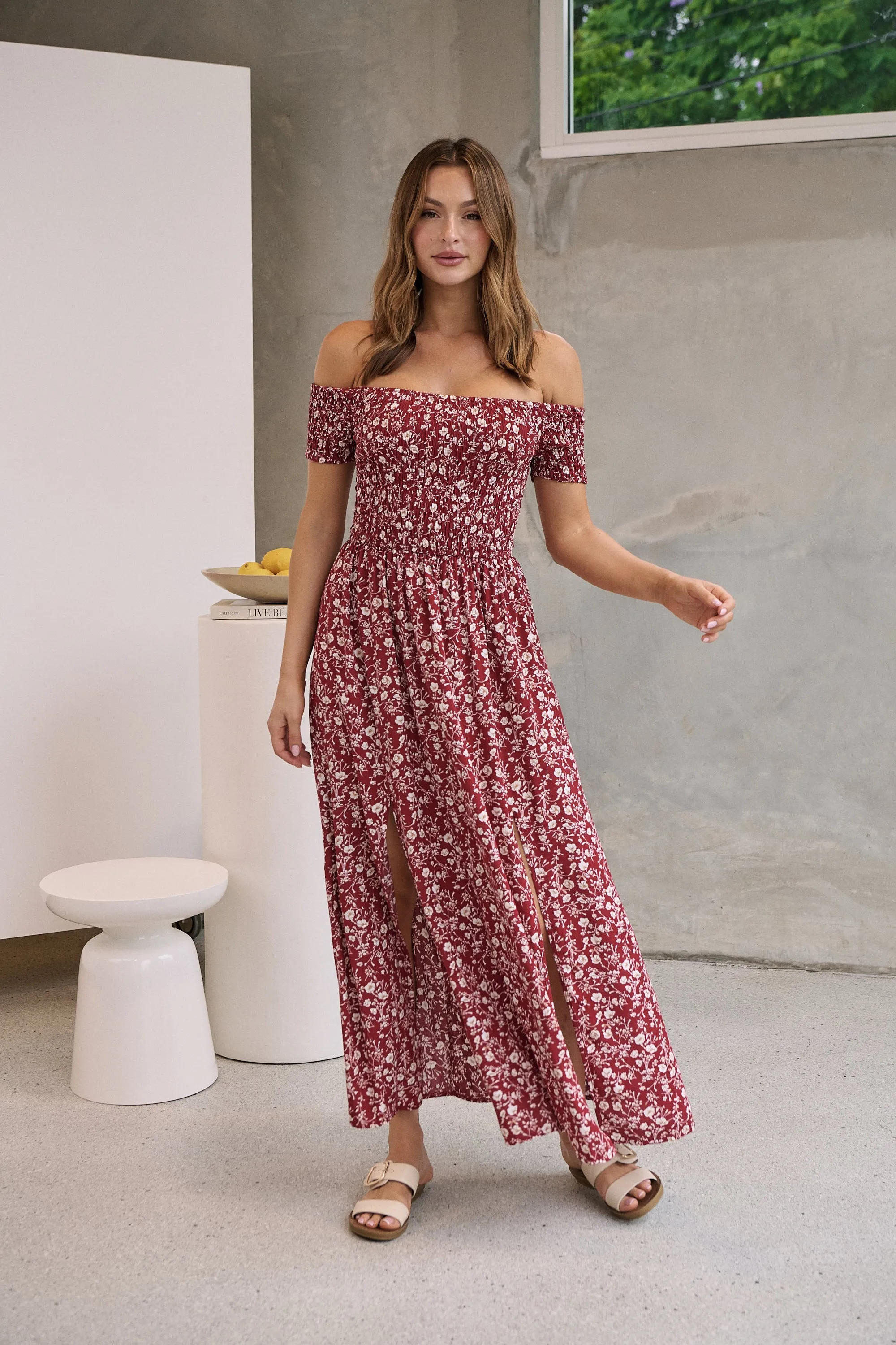 Gigi Off Shoulder Red Ditsy Print Shirred Maxi Dress