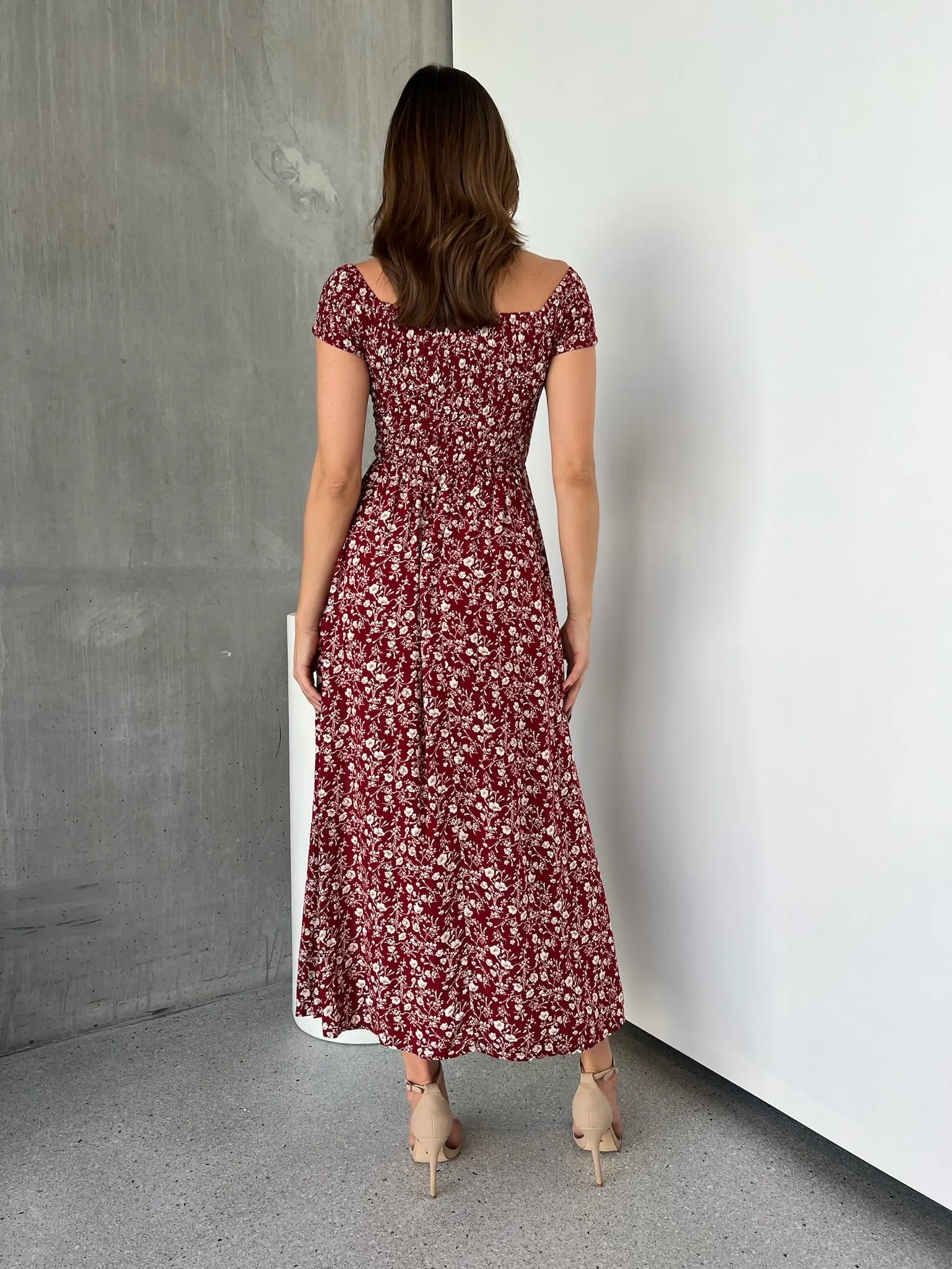 Gigi Off Shoulder Red Ditsy Print Shirred Maxi Dress