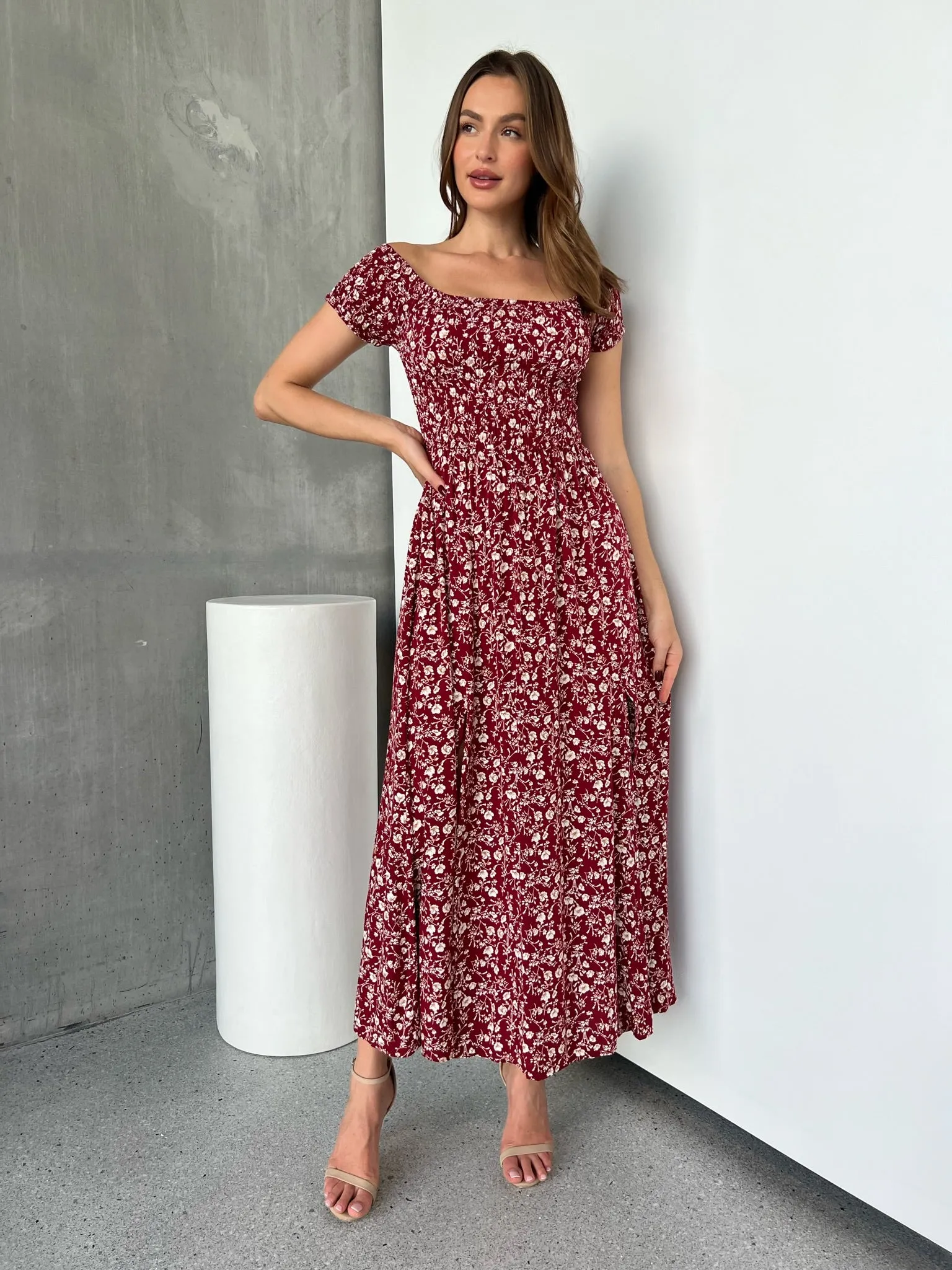 Gigi Off Shoulder Red Ditsy Print Shirred Maxi Dress