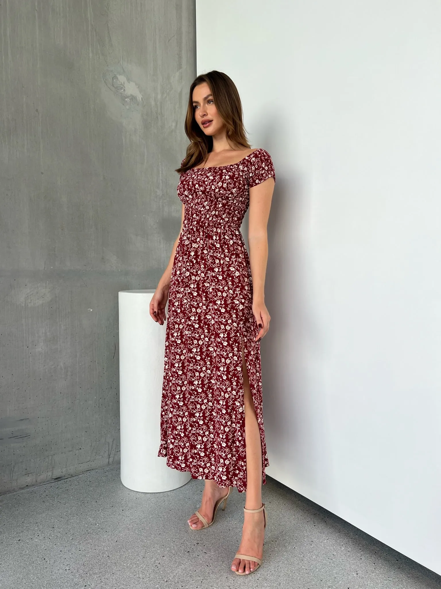 Gigi Off Shoulder Red Ditsy Print Shirred Maxi Dress