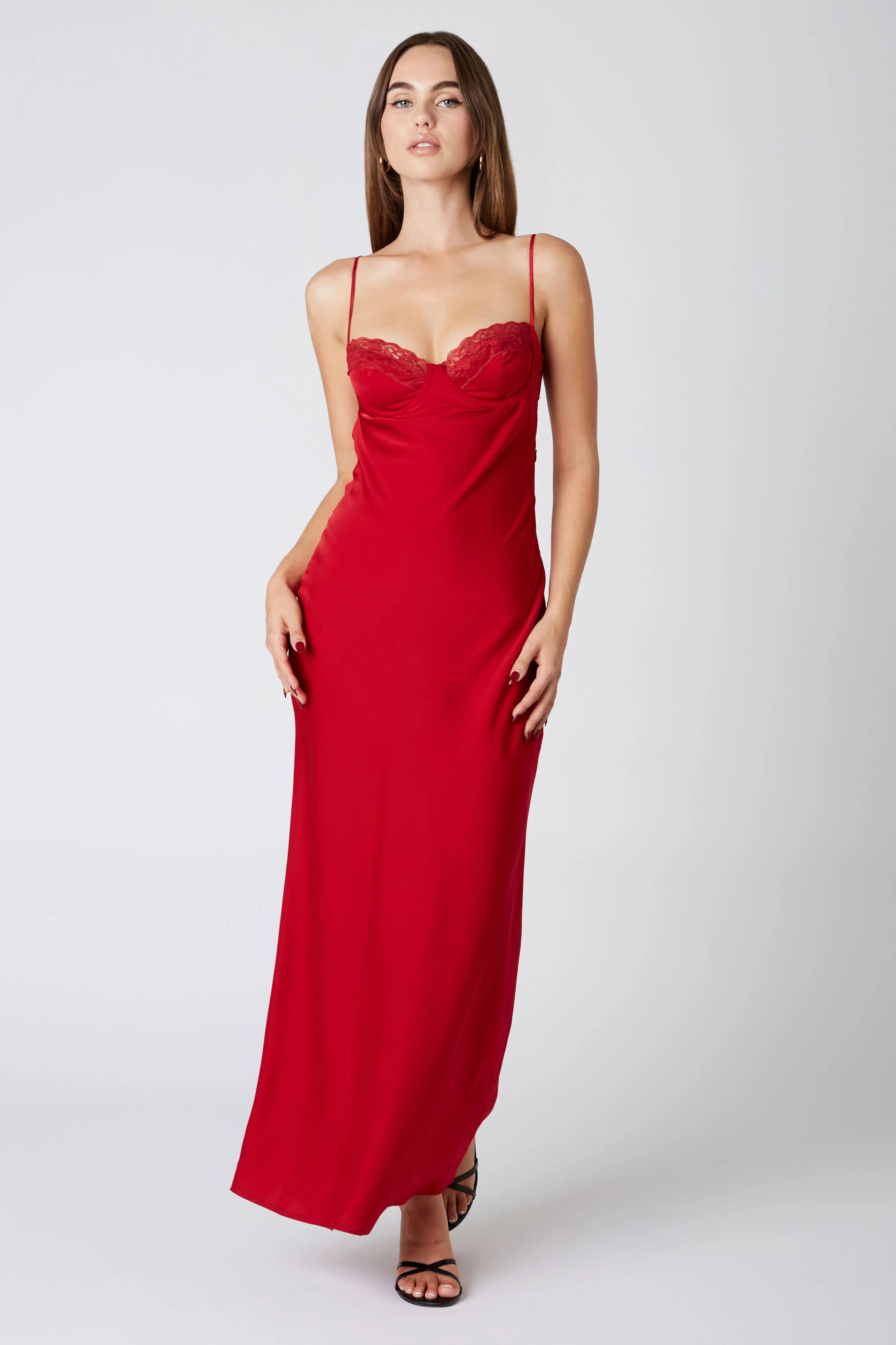 Gigi Satin Wire Bra Slip Maxi Dress - Ruby