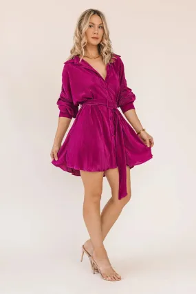 Glam Girl Magenta Plisse Belted Dress - Final Sale