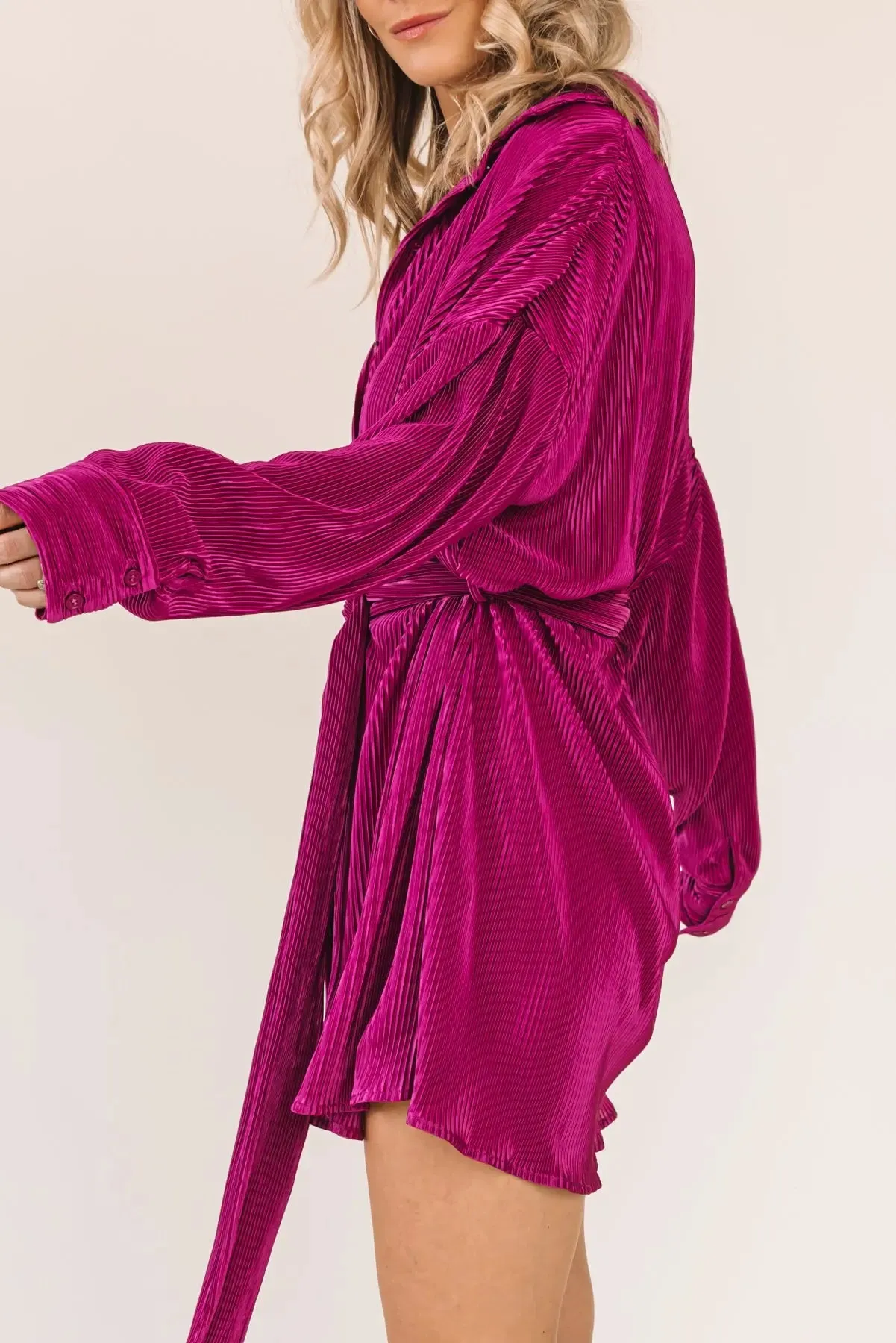 Glam Girl Magenta Plisse Belted Dress - Final Sale