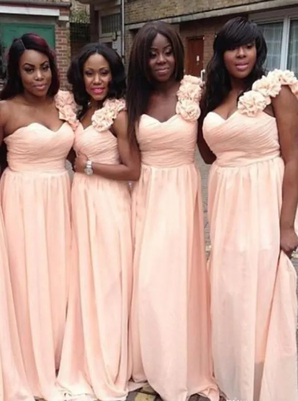 Glamorous One Shoulder Sweep Train Pink Bridesmaid Dress