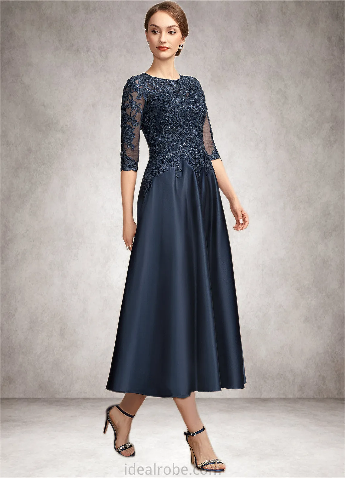 Glenda A-Line Scoop Neck Tea-Length Satin Lace Mother of the Bride Dress With Sequins STK126P0014736