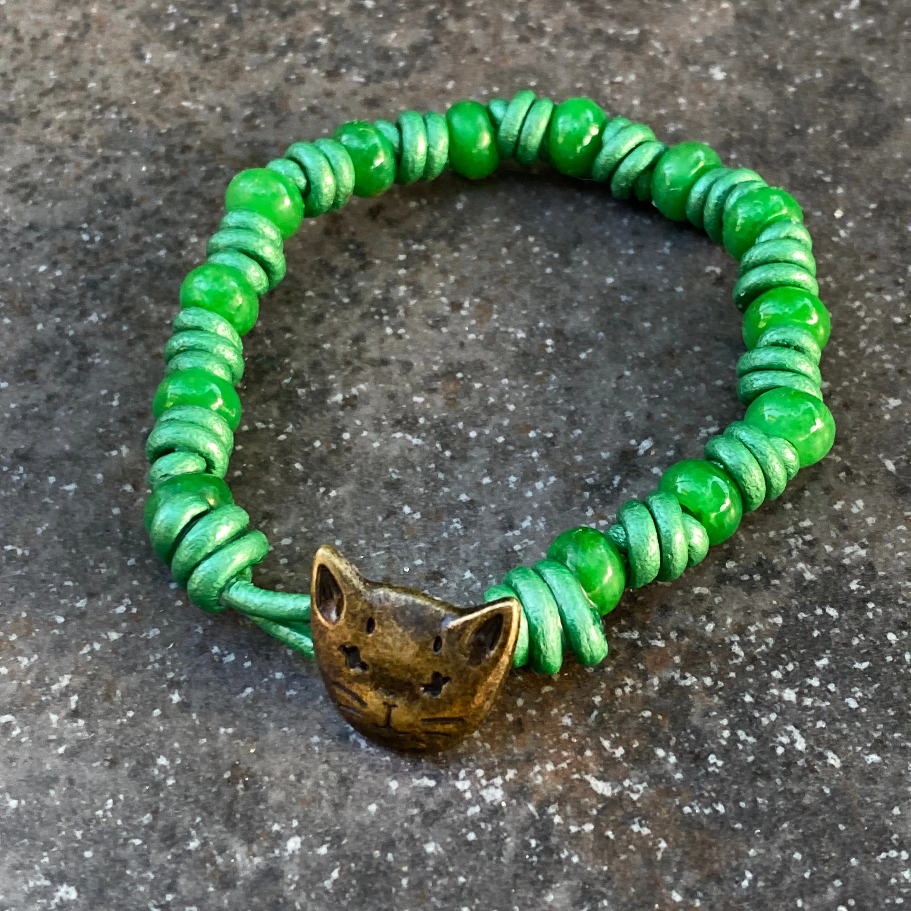 Hand knotted Jade gemstone on green Leather Bracelet