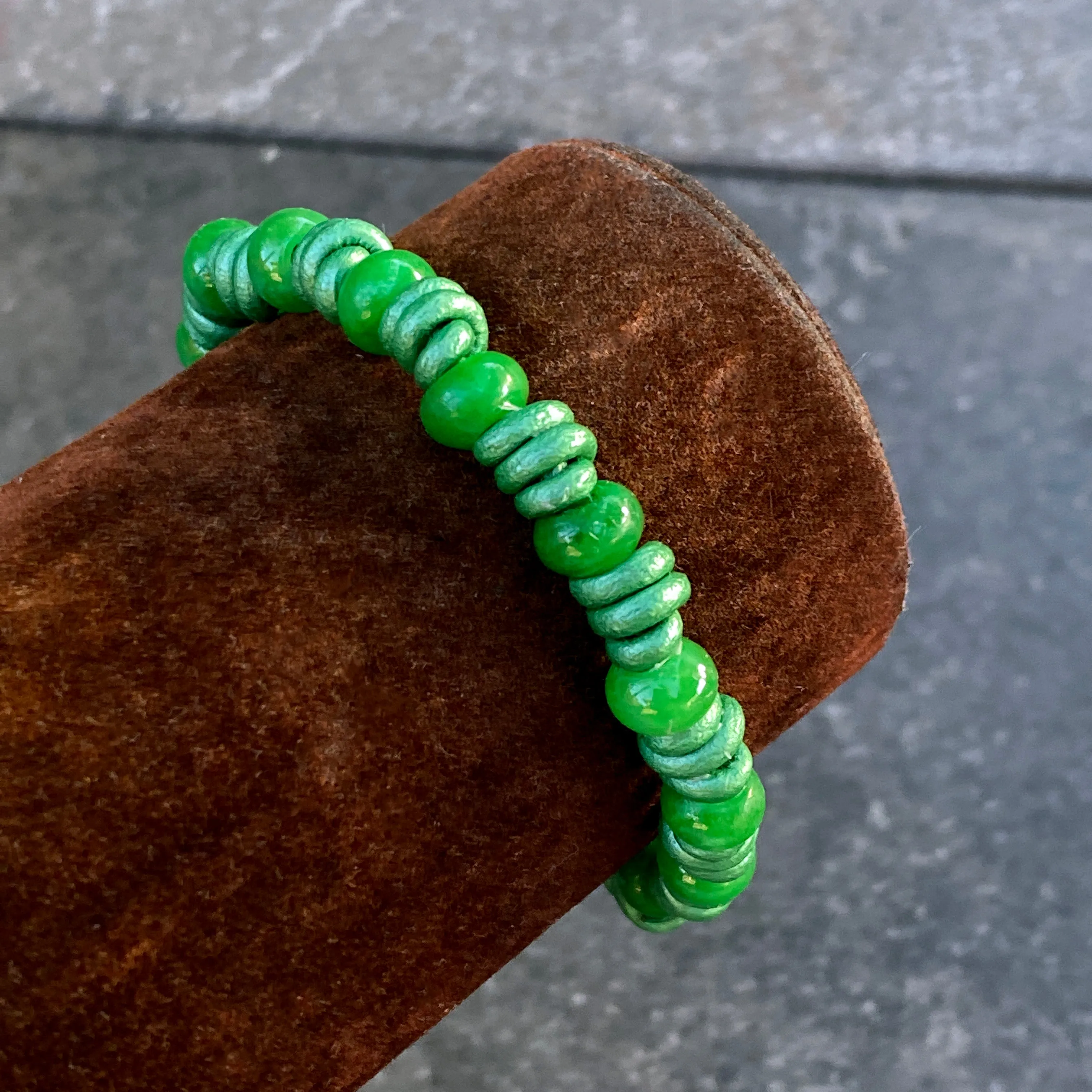 Hand knotted Jade gemstone on green Leather Bracelet