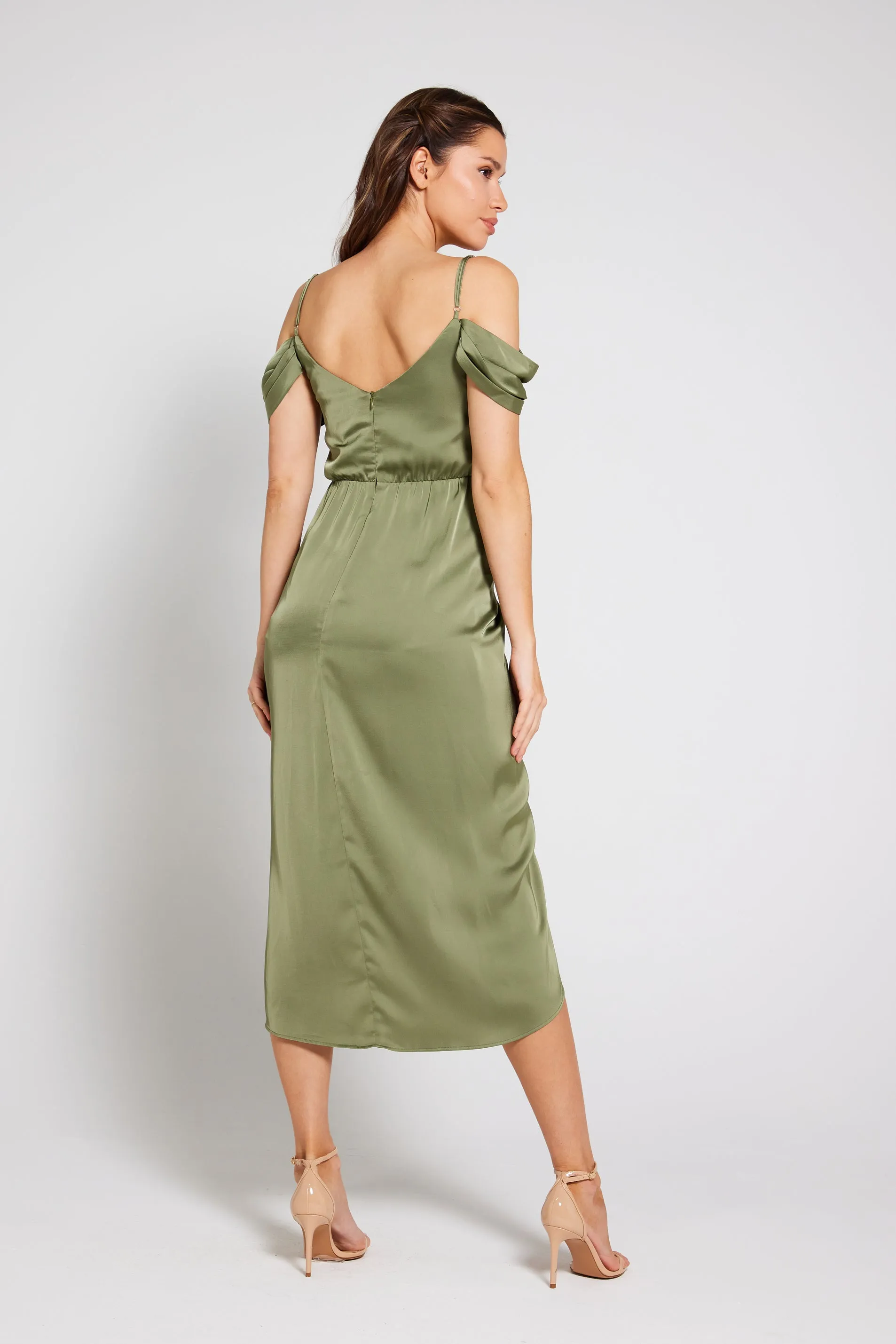 Isabella Bardot Satin Wrap Dress - Olive