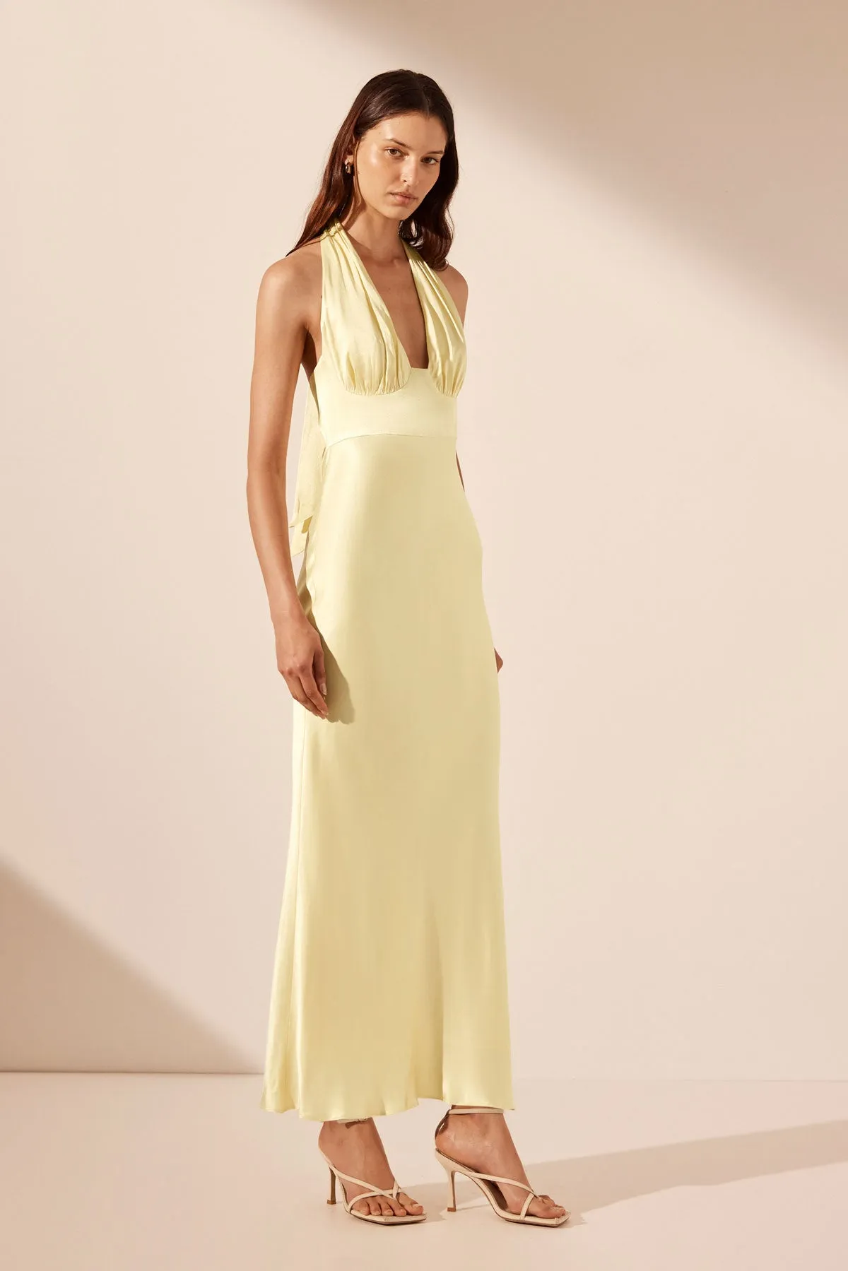 LA LUNE PLUNGED HALTER MIDI DRESS - LEMON