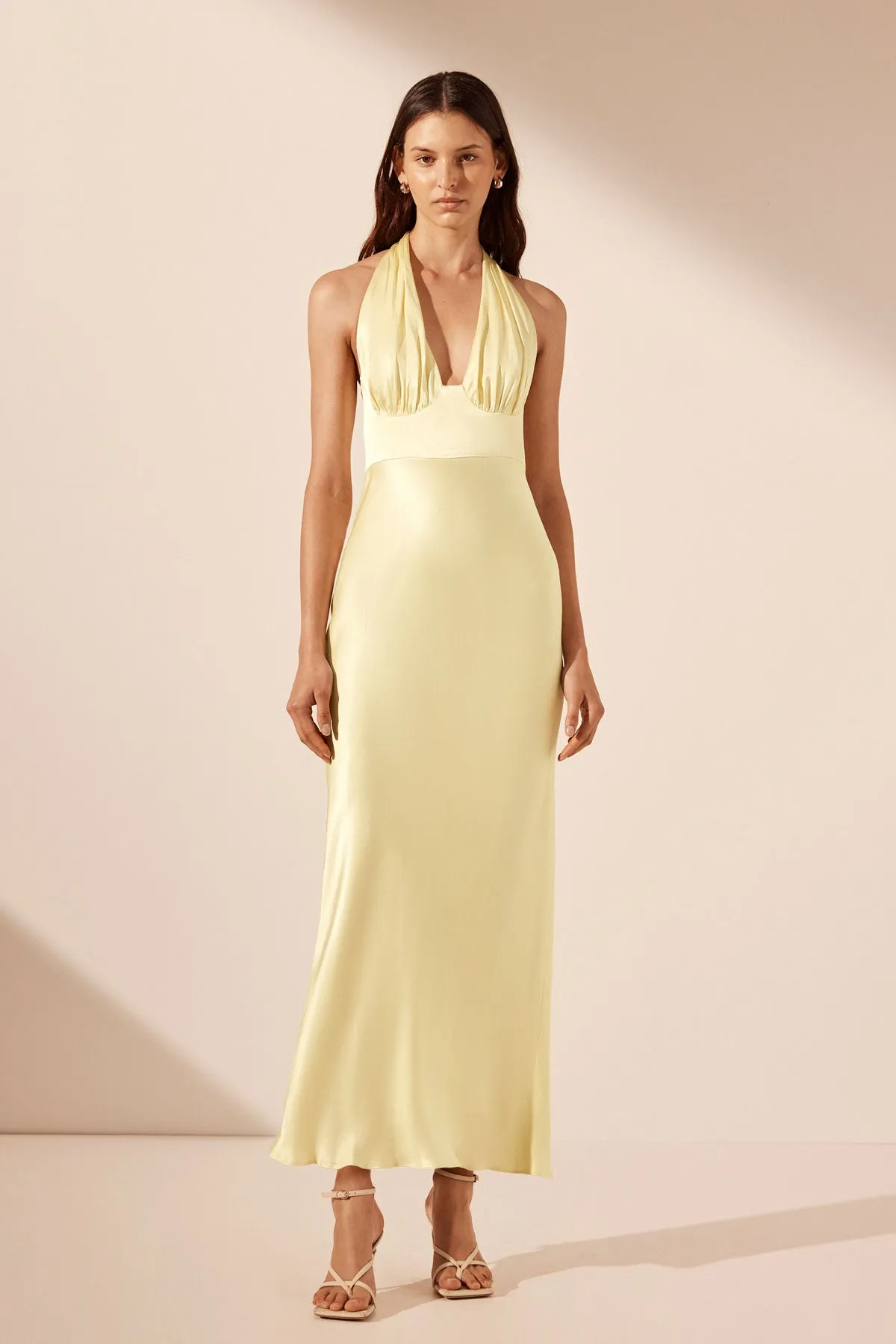 LA LUNE PLUNGED HALTER MIDI DRESS - LEMON