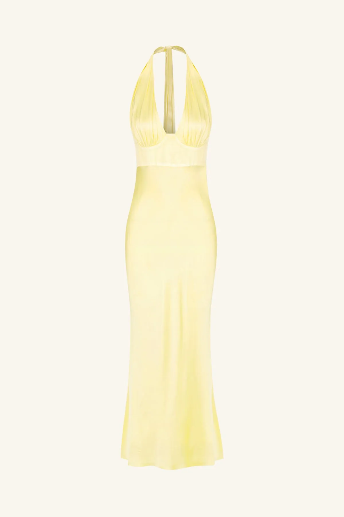 LA LUNE PLUNGED HALTER MIDI DRESS - LEMON