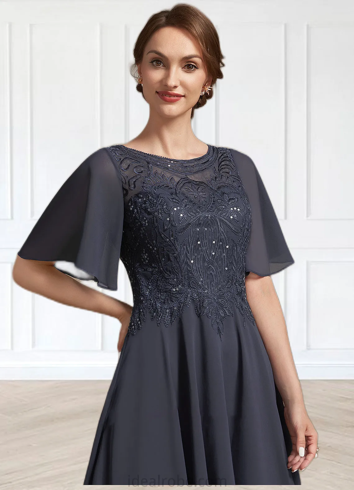 Lena A-Line Scoop Neck Tea-Length Chiffon Lace Mother of the Bride Dress With Sequins STK126P0014830