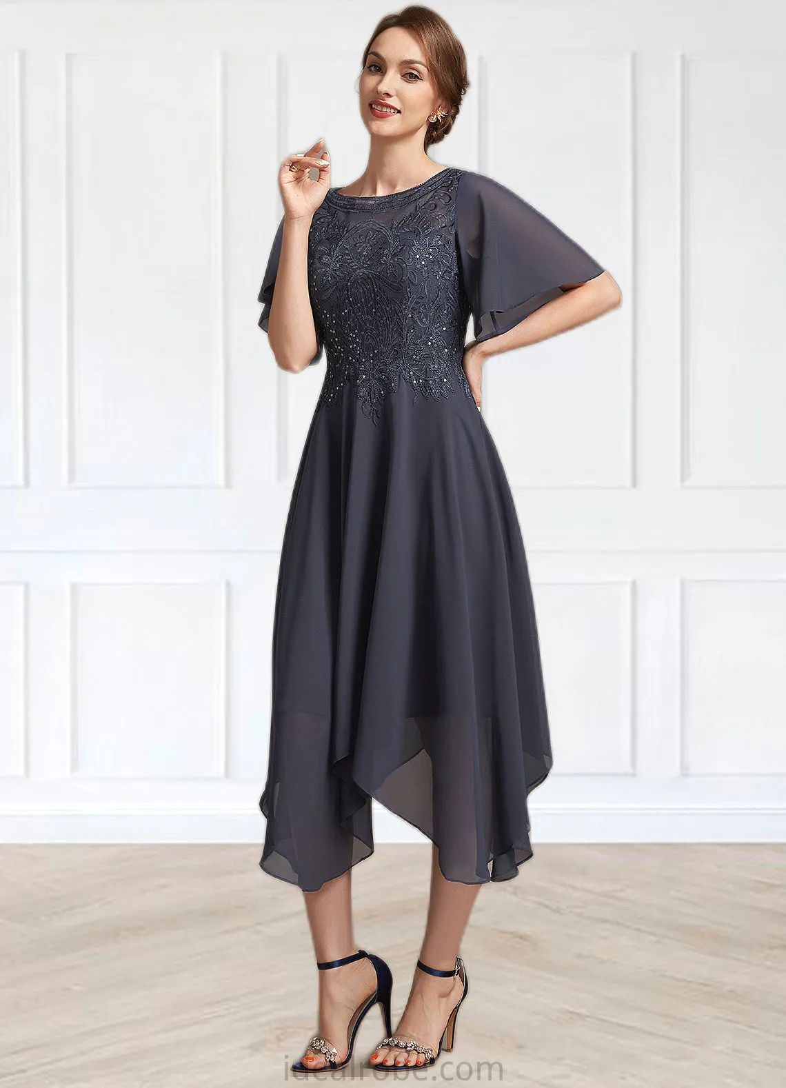 Lena A-Line Scoop Neck Tea-Length Chiffon Lace Mother of the Bride Dress With Sequins STK126P0014830