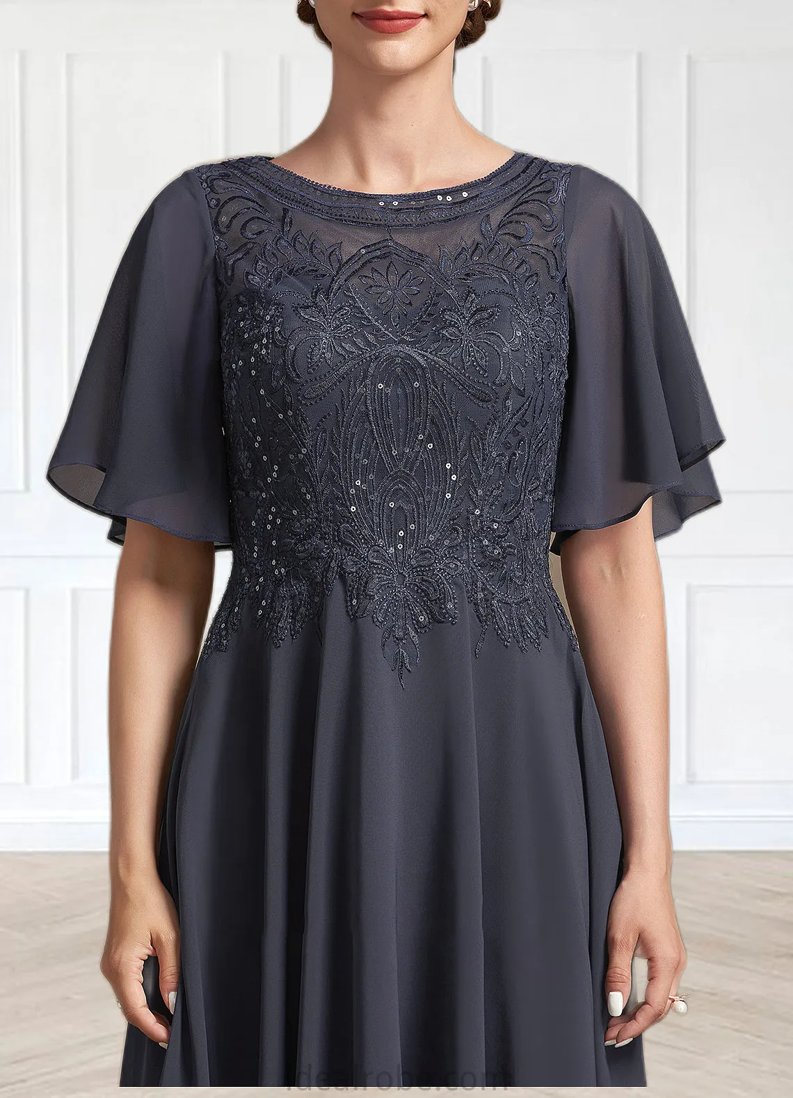 Lena A-Line Scoop Neck Tea-Length Chiffon Lace Mother of the Bride Dress With Sequins STK126P0014830