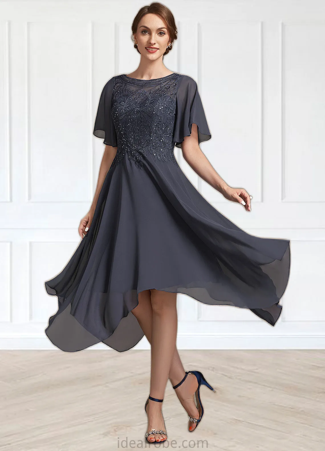 Lena A-Line Scoop Neck Tea-Length Chiffon Lace Mother of the Bride Dress With Sequins STK126P0014830