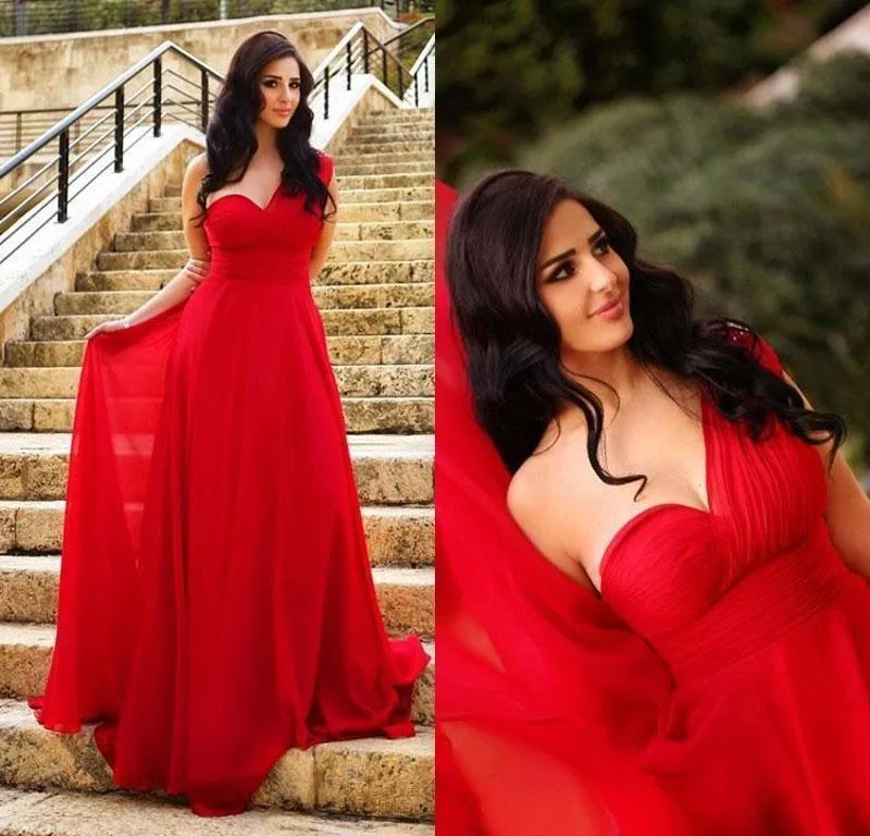 Long Elegant Chiffon A-Line One Shoulder Simple Red Sweetheart Backless Pleat Prom Dresses