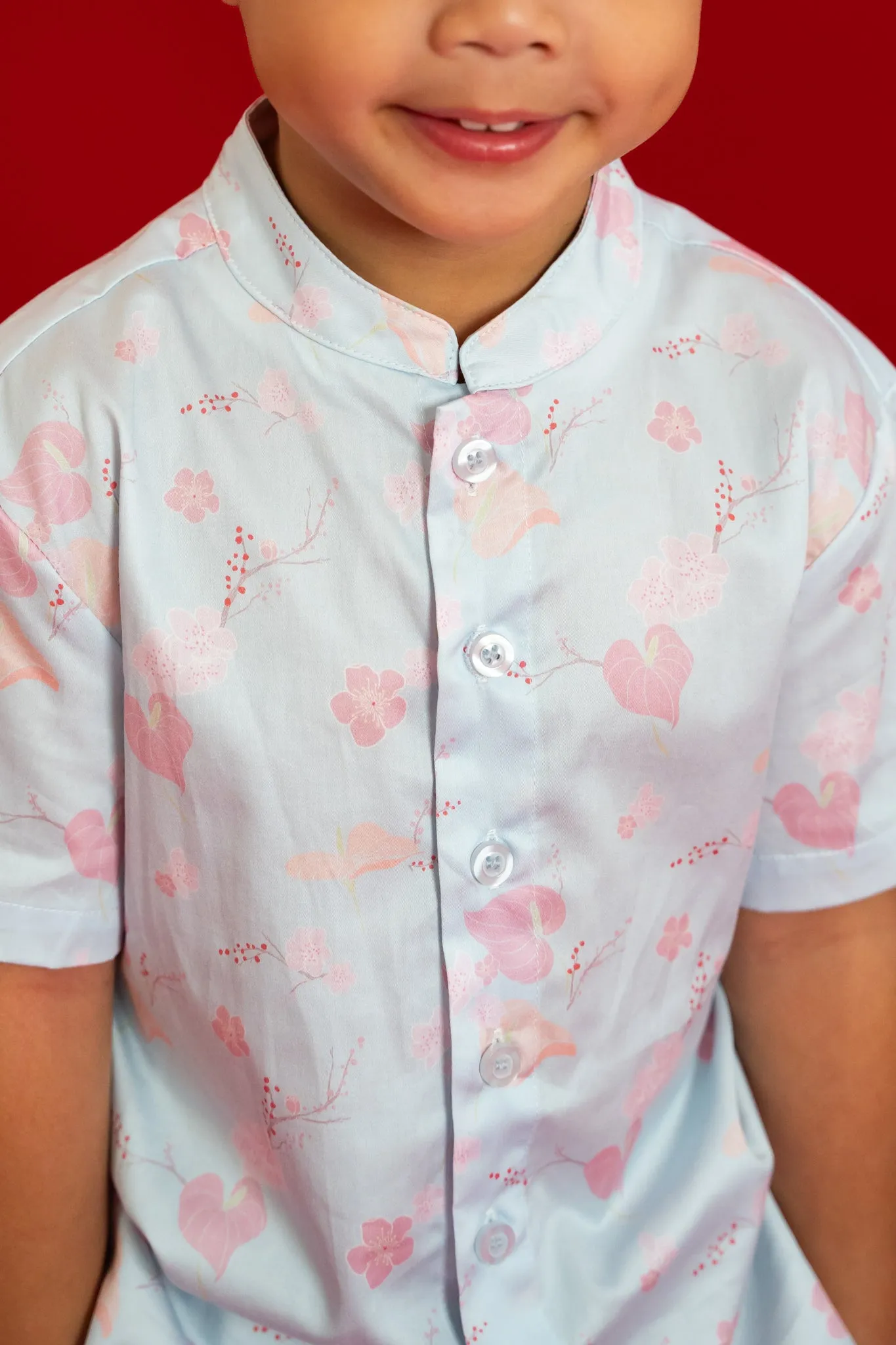 Mandarin-collared Shirt - Blue Blossom Lily