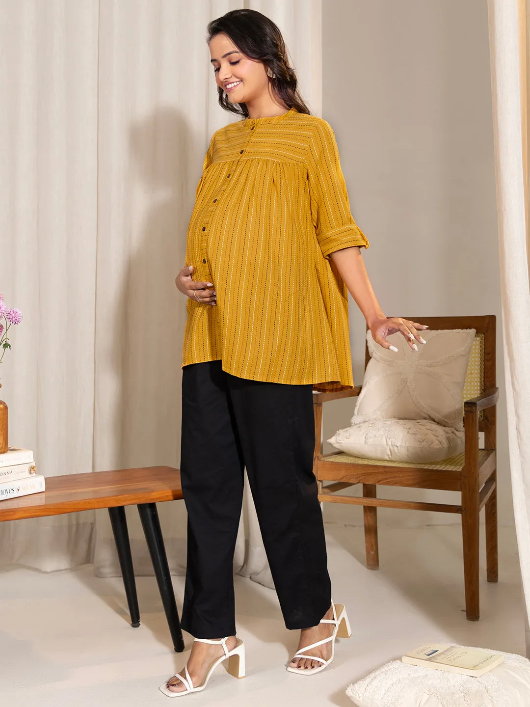 Mustard Cotton Woven Design A- Line Maternity Top