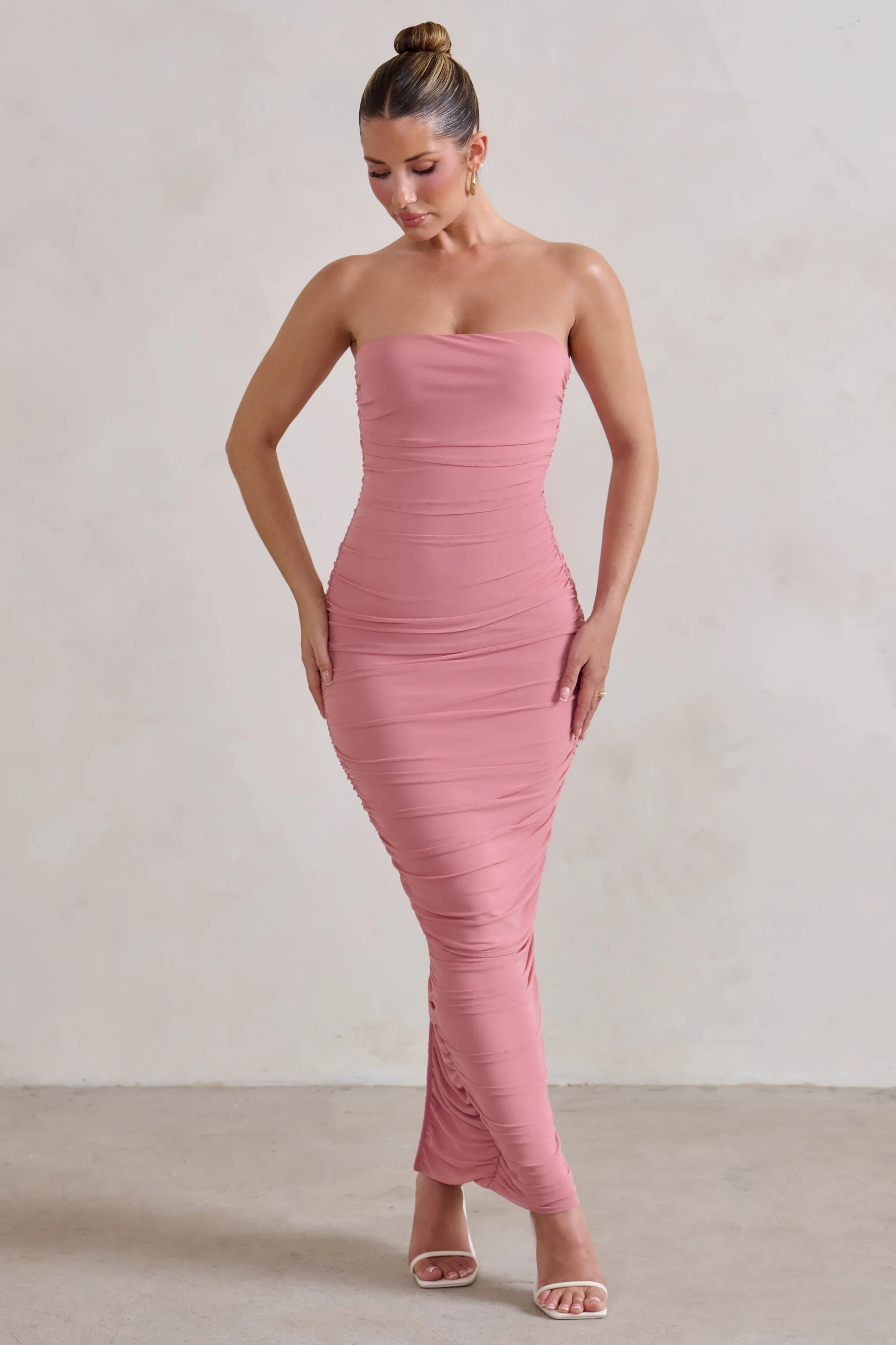 My Lady | Powder Pink Strapless Bodycon Ruched Mesh Maxi Dress