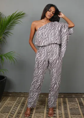 One Shoulder Jumpsuit - Taupe Tiger