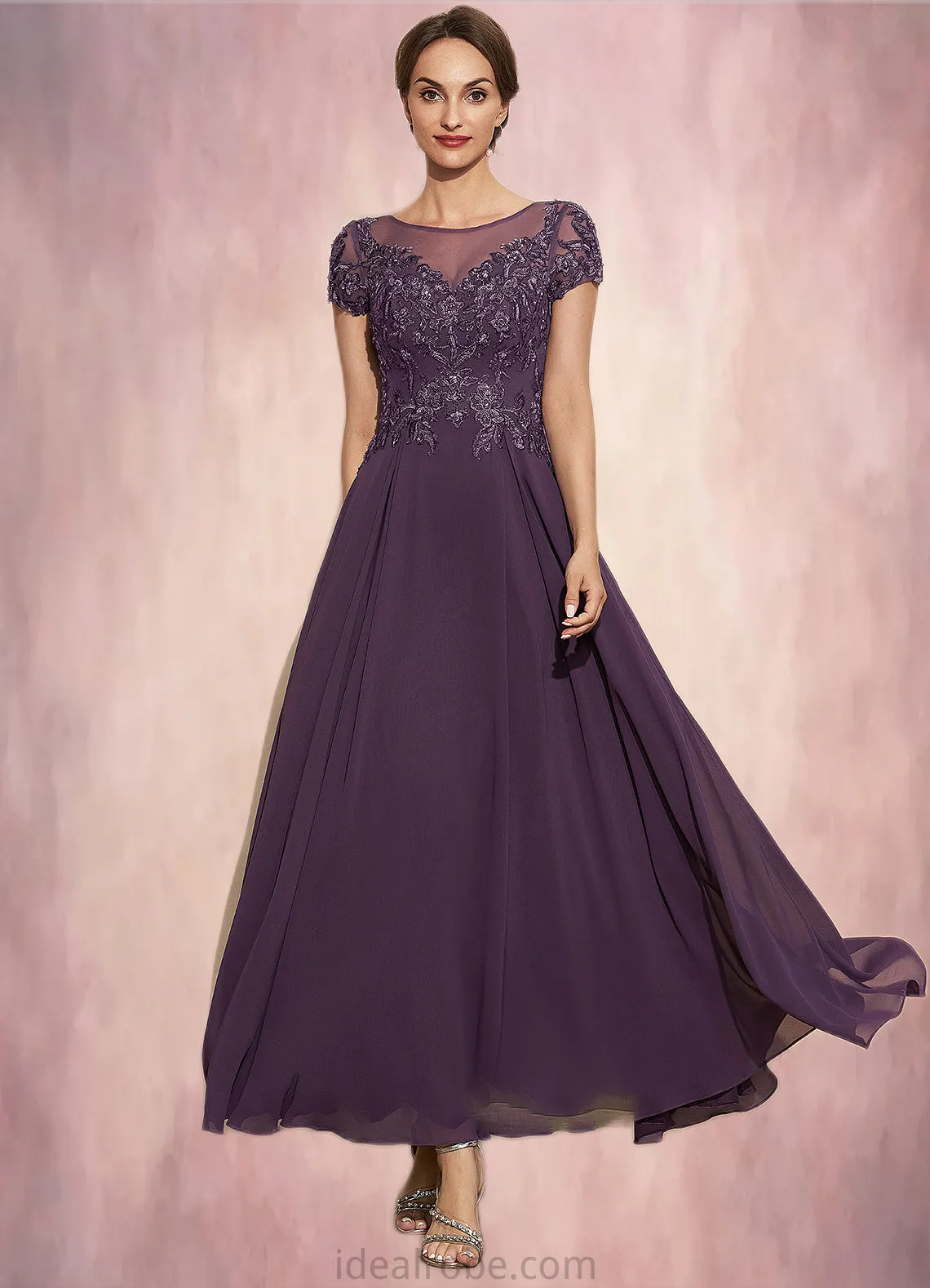 Penelope A-Line Scoop Neck Ankle-Length Chiffon Lace Mother of the Bride Dress With Sequins STK126P0014626