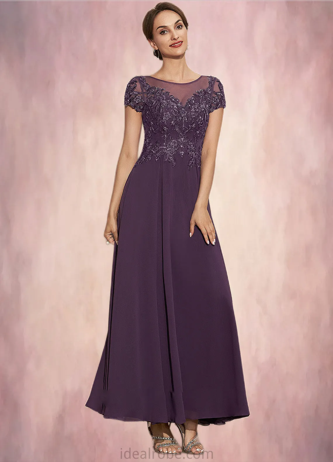 Penelope A-Line Scoop Neck Ankle-Length Chiffon Lace Mother of the Bride Dress With Sequins STK126P0014626