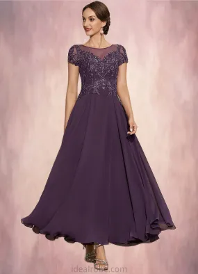 Penelope A-Line Scoop Neck Ankle-Length Chiffon Lace Mother of the Bride Dress With Sequins STK126P0014626