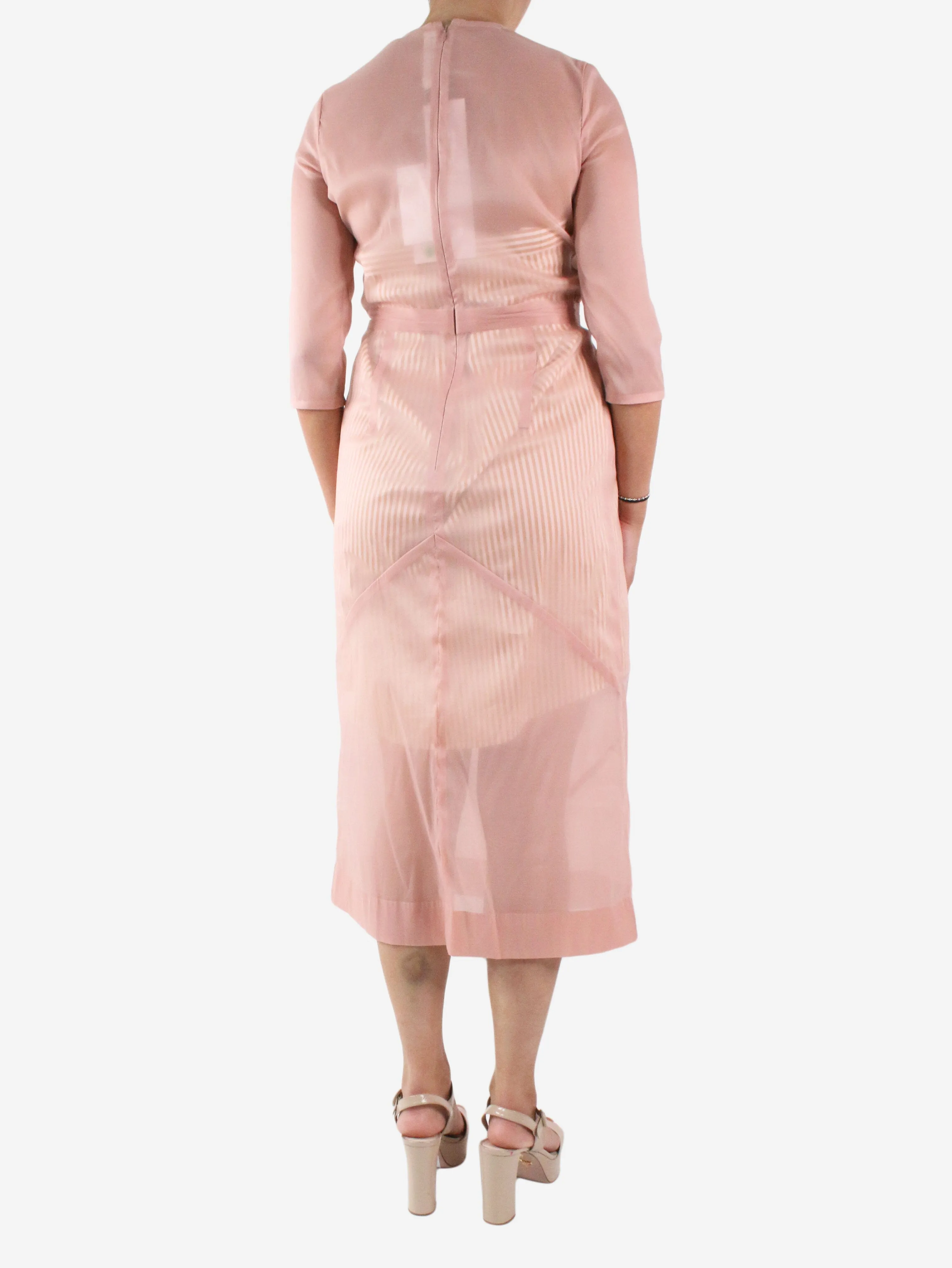 Pink organza midi dress with striped midi slip - size UK 10