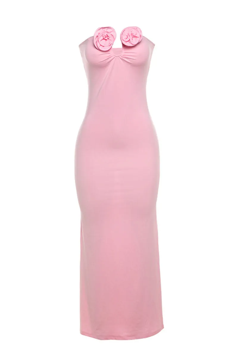 Pink Rose Design Strapless Maxi Bodycon Dress