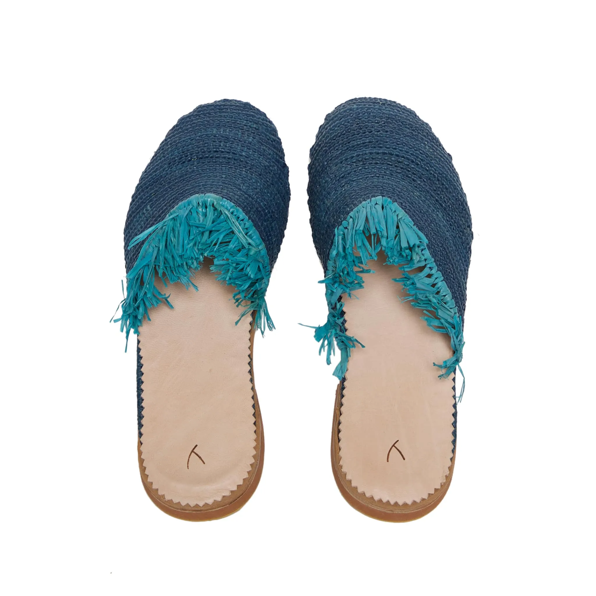 Raffia Slippers with Fringes in Blue, Turquoise