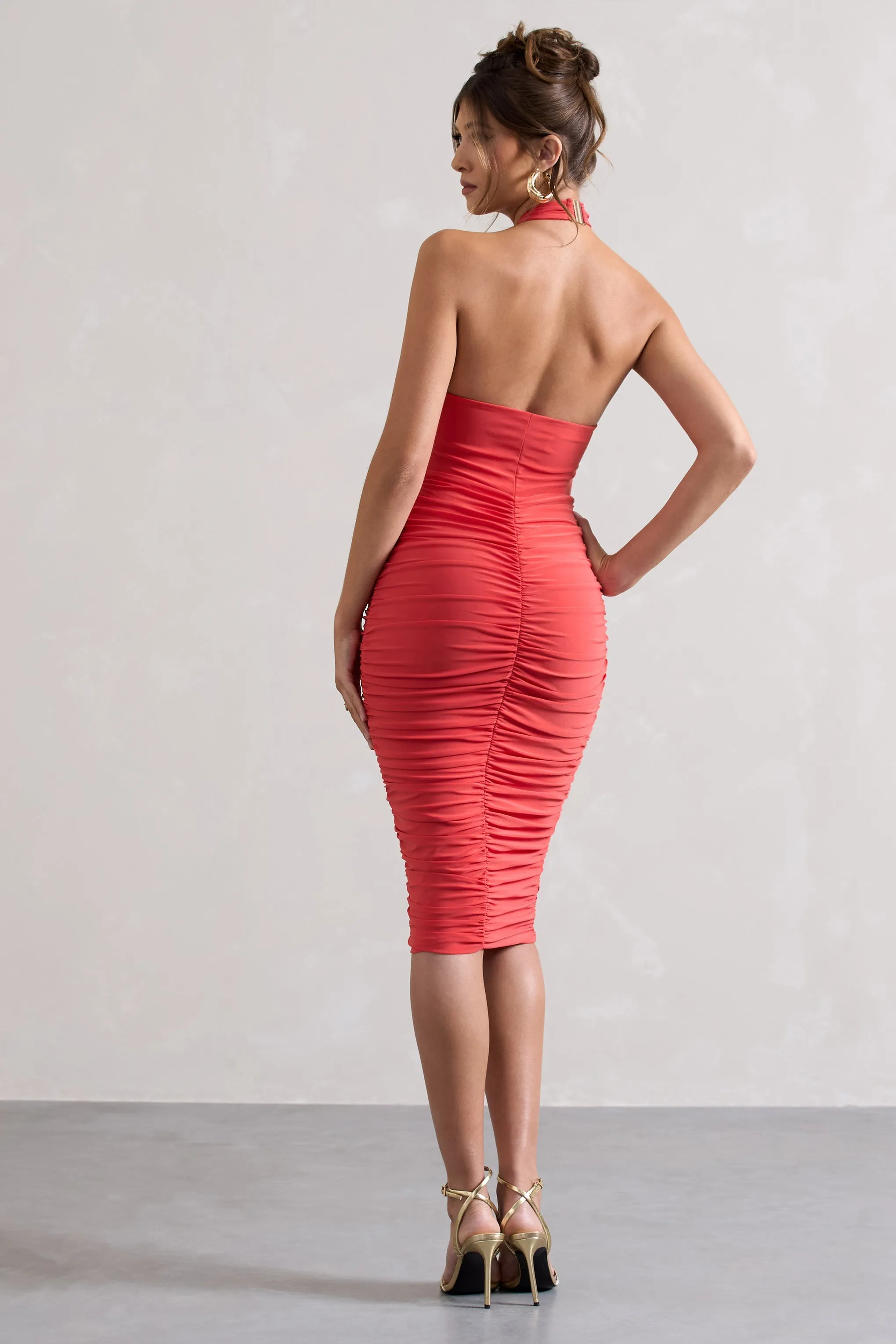 Serendipity | Coral Halter Neck Knot Midi Dress