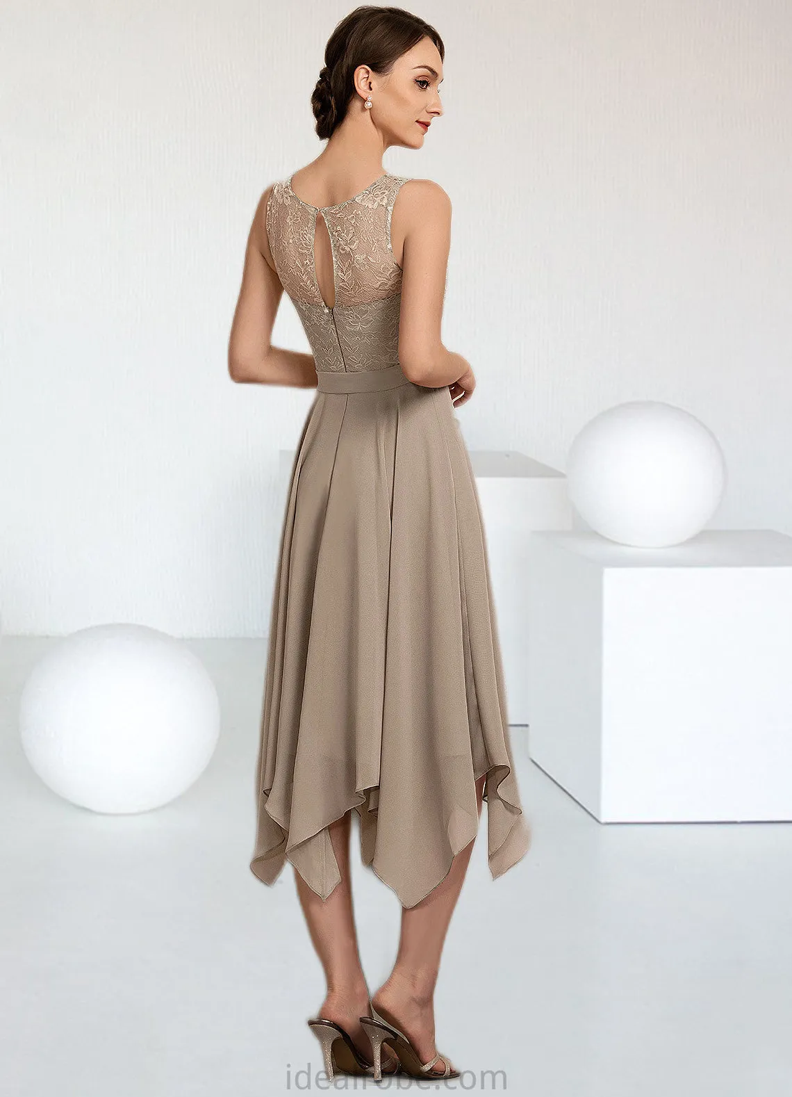 Sherlyn A-Line Scoop Neck Tea-Length Chiffon Lace Mother of the Bride Dress With Bow(s) STK126P0014681