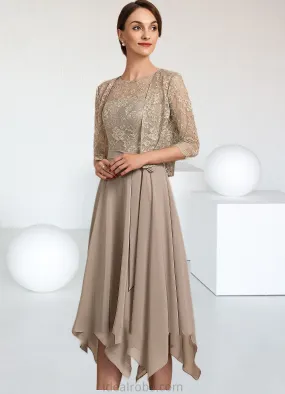 Sherlyn A-Line Scoop Neck Tea-Length Chiffon Lace Mother of the Bride Dress With Bow(s) STK126P0014681