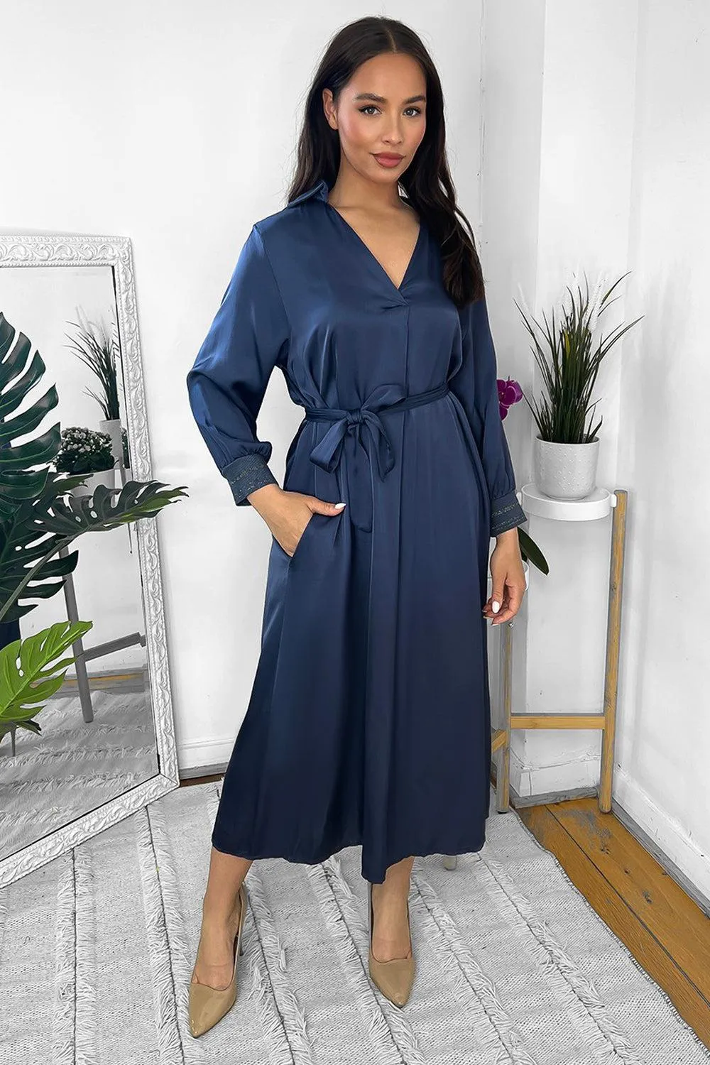 Silk Blend Satin Belted Midi Shirt Dress