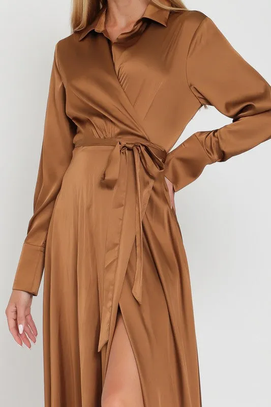 Sinead 70s Style Collar Wrap Maxi Dress - Bronze