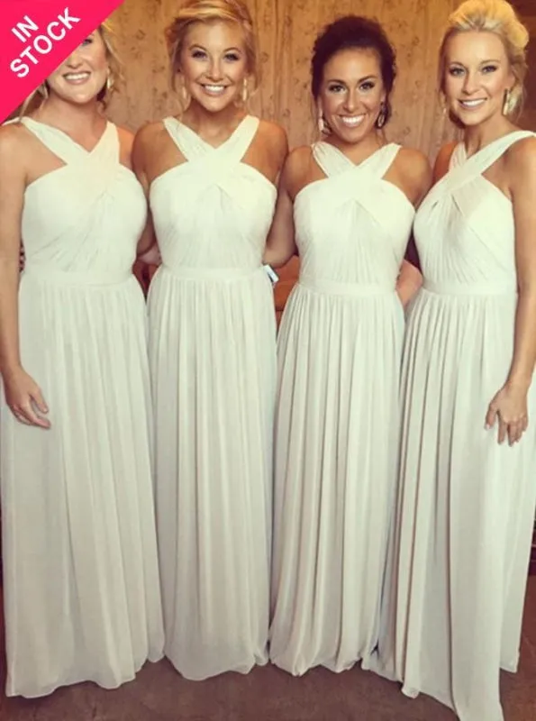 Stylish V-neck Floor-Length Ivory Chiffon Bridesmaid Dress Ruched