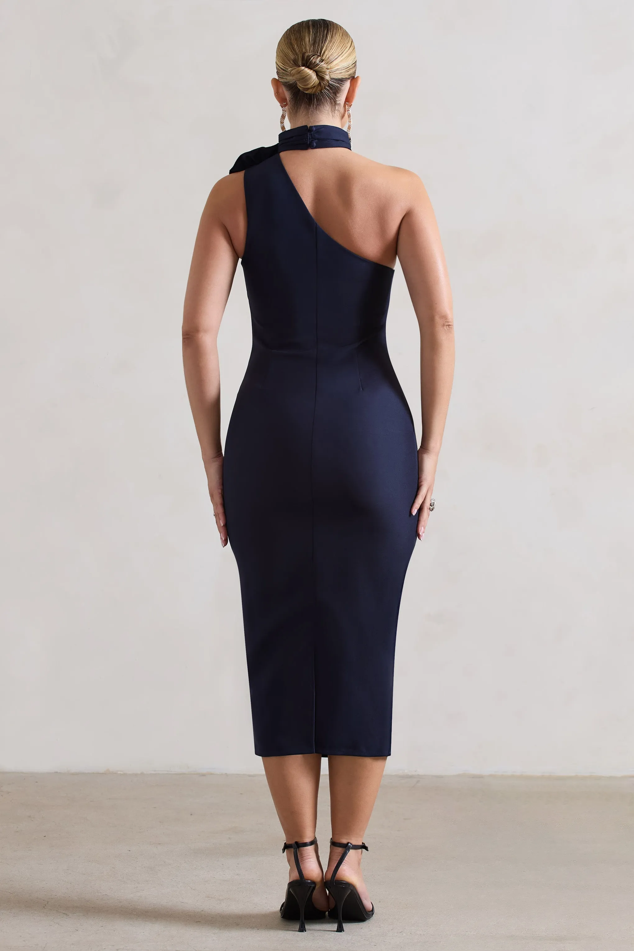 The Soiree | Navy Bodycon Midi Dress With Ruffled Choker