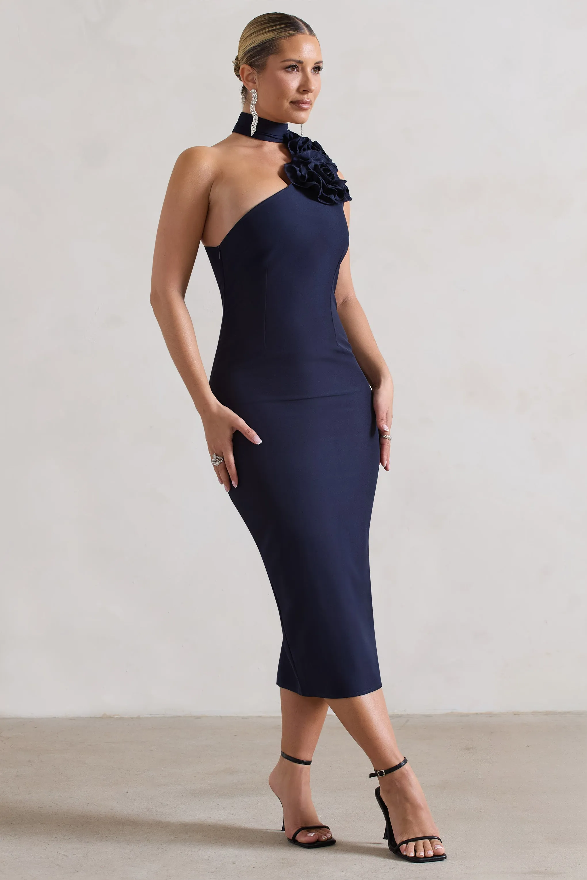 The Soiree | Navy Bodycon Midi Dress With Ruffled Choker