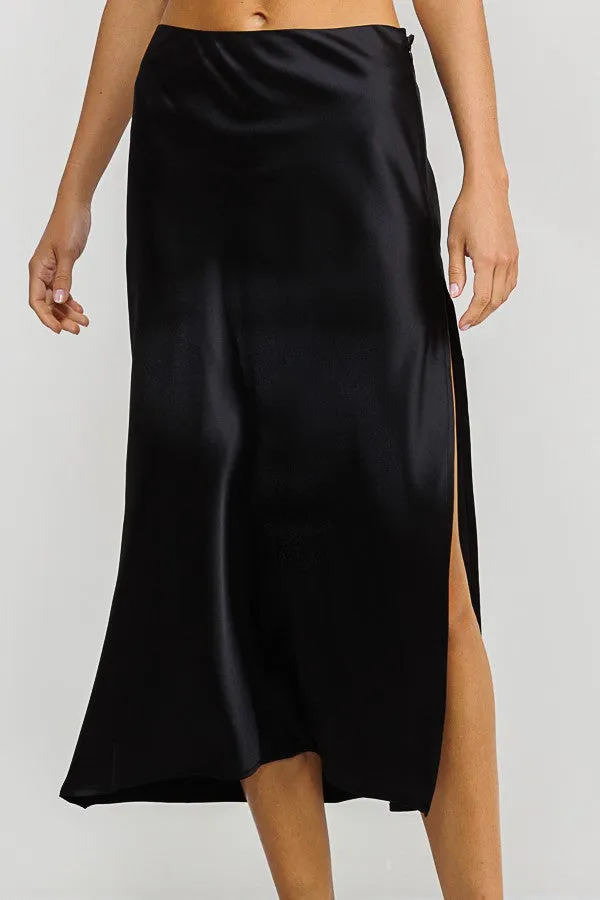 Time Slipped Away Satin Midi Skirt in Black